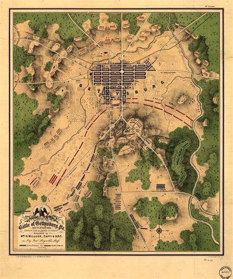 Map of the American Civil War battle of Gettysburg, Pennsylvania. Showing line of battle on the ...