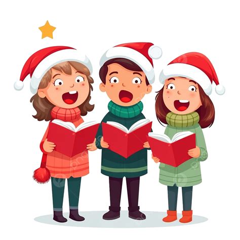 Children Singing Christmas Carols In Winter Clothes And Santa Hat With ...