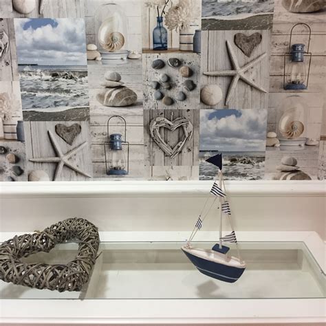 Beach Wallpaper Nautical Bathroom Pebbles Love Hearts Blue Grey Rustic Maritime | eBay