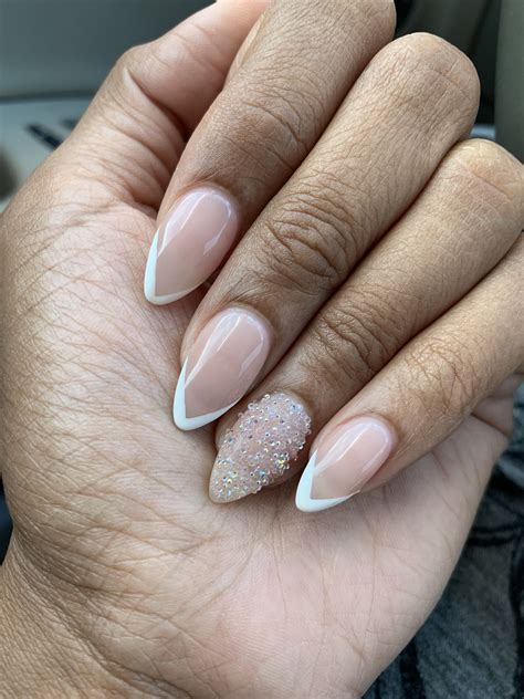 Almond shaped French Tips Crystals | French acrylic nails, Oval nails ...