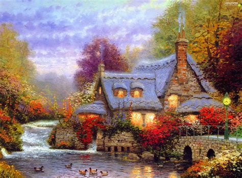 autumn, Thomas Kinkade, River, bridge, house - For phone wallpapers: 1940x1428