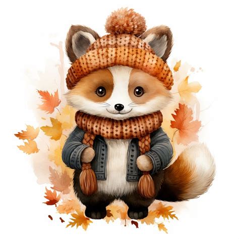 Cute Fox In Autumn Wearing A Beanie and Clothes Clipart Sublimation Art Design Digital ...