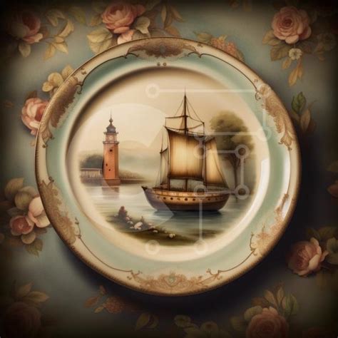 Beautiful Vintage Sailboat Painting Plate on Floral Wallpaper stock ...