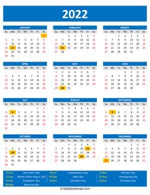 2022 Printable Calendar With Holidays Portrait Orientation 2022 - Riset