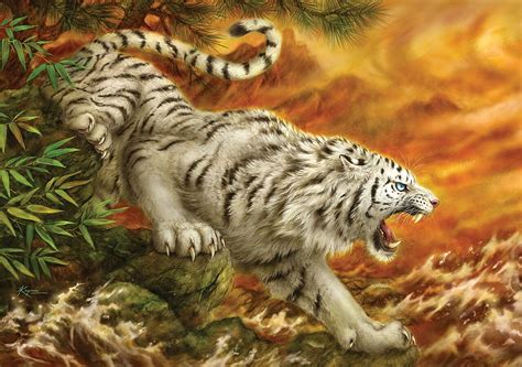 White tiger, art, fantasy, chinese art, orange, yellow, tiger, tigru ...