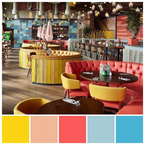 Triadic colour scheme contributes to the lively, casual ambience in this restaurant. Tri ...
