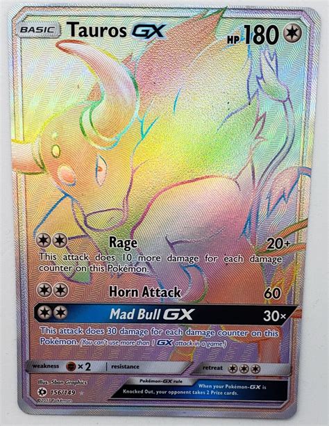 Mavin | Pokemon Card Tauros GX Sun & Moon Base Set 156/149 Rainbow Holo Secret Rare NM