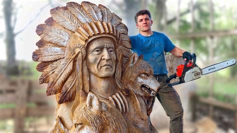 AMAZING CHAINSAW wood carving, Native American with wolves - YouTube