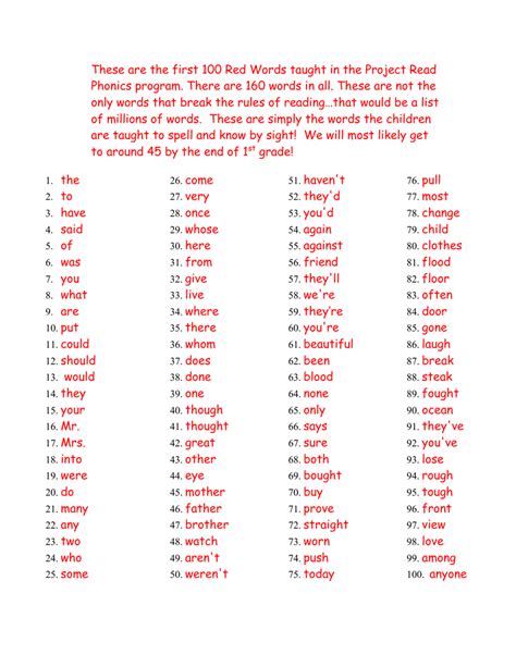 These are the first 100 Red Words taught in the... Phonics program ...