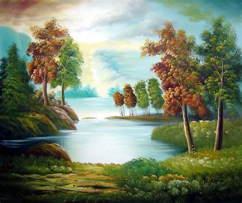 Peaceful Lake View in Spring Oil Painting Landscape River Naturalism 20 ...