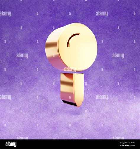 Map pin icon. Gold glossy Map symbol isolated on violet velvet background. Modern icon for ...