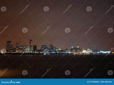 The Illuminated Urban Skyline of the City of Liverpool at Night Stock ...