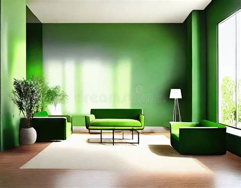 Watercolor of Rendered Modern Living Room with a Tall Green Stock Illustration - Illustration of ...
