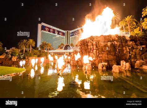 Mirage Hotel Casino and Volcano Eruption Show at Night - Las Vegas ...