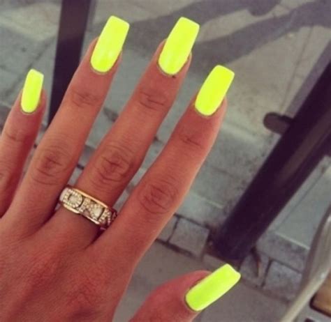 HIGHLIGHTER YELLOW NAILS.-lizzy | Long square nails, Neon yellow nails ...