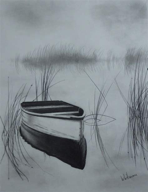 Misty row boat on the lake, reflections, sketch. Original art, graphite pencil drawing by Elena ...