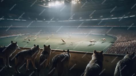 Premium AI Image | Wolves watching a football stadium with a stadium in ...