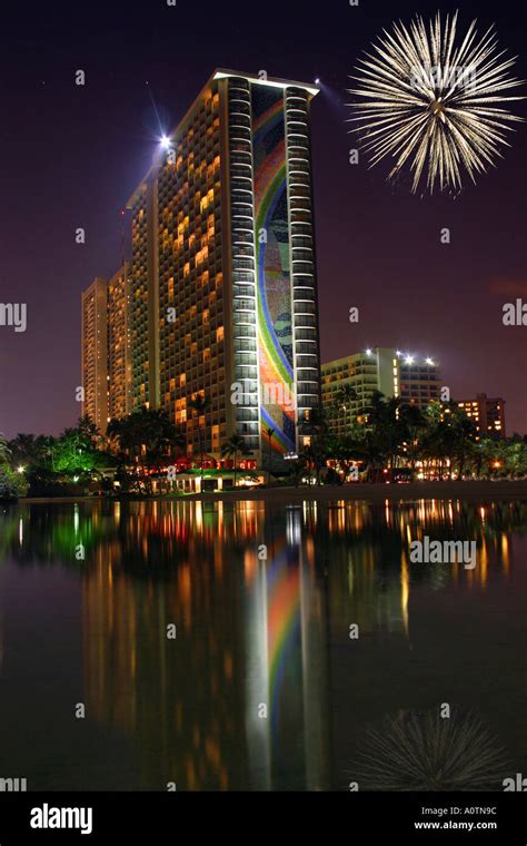 Hilton Hawaiian Village with fireworks and reflecting lagoon Stock ...