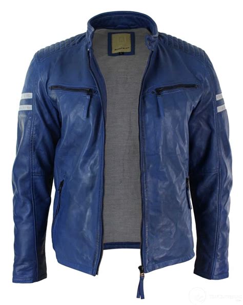 Real Leather Blue Bomber Mens Jacket White Stripes Quilted Slim Fit Casual-Blue: Buy Online ...