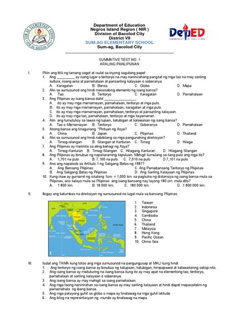 Summative Test In Araling Panlipunan 3 Worksheet Summative Test Images | Images and Photos finder