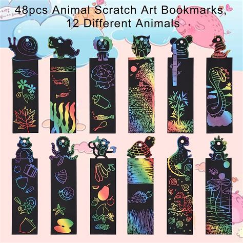 Willingood [48+48+12] 48pcs Animal Scratch Art Bookmarks, with 48pcs ...