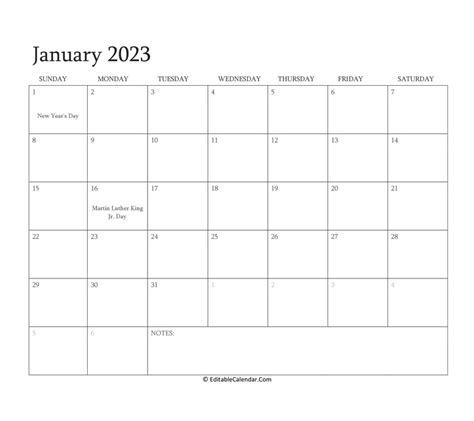 Download January 2023 Editable Calendar With Holidays (Word Version)