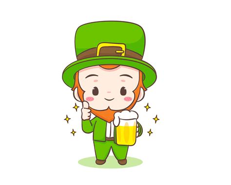 Cute Adorable Leprechaun cartoon holding beer and showing thumb up. Hand drawn chibi character ...