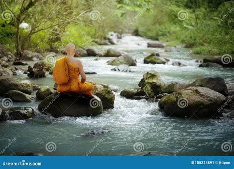 Buddha Monk Practice Meditation at Waterfall Editorial Photo - Image of natural, background ...