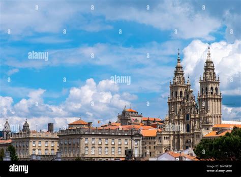 panoramic view of the cathedral of Santiago de Compostela, a place of ...