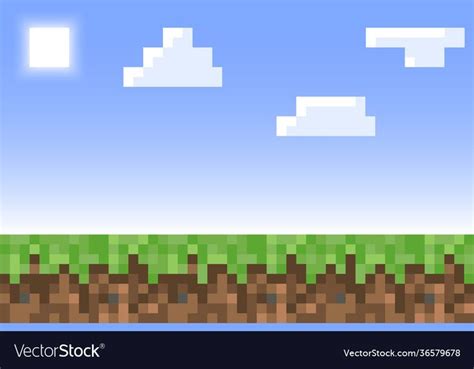 a pixel landscape with grass and clouds in the sky