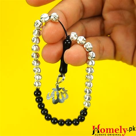 Allah Name Chandi Tasbeeh With Black Aqeeq Beads 6mm - Homely.pk