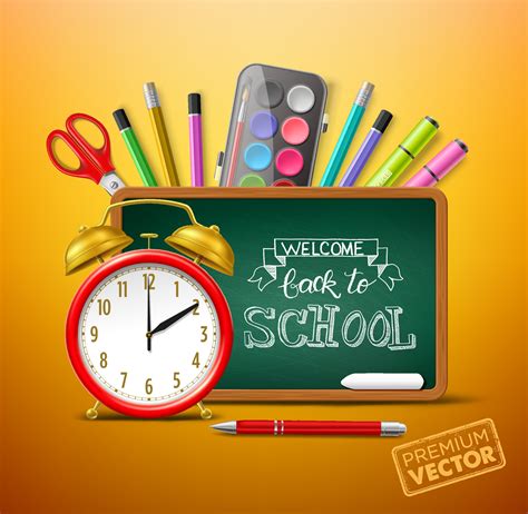 Back to school alarm clock, school blackboard, vector watercolor ...