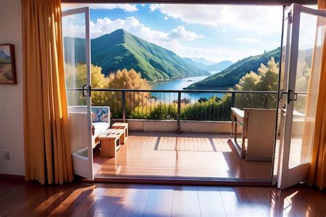 Premium AI Image | A balcony with a view of a mountain and a lake.