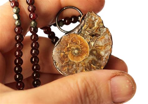 Ammonite Necklace - Fossil Jewelry - Garnet Jewelry - Large Stone ...