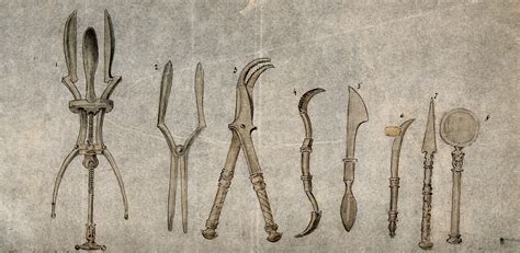 A selection of ancient Roman surgical instruments, discovered at Pompeii. Pen and ink with ...