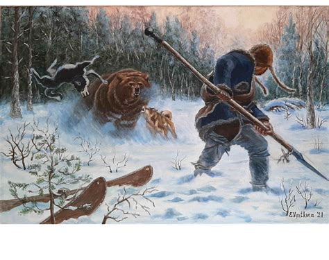 Bear Hunting Artwork Original Acrylic Art Slingshot Canvas Spear Hunter Painting Hunting Animal ...