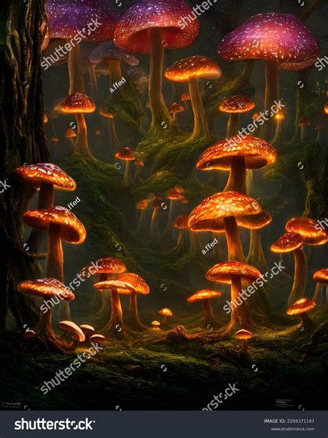 Enchanted Forest Night Illuminated By Glowing Stock Illustration ...