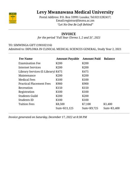 Levy Mwanawasa Medical University: Invoice | PDF