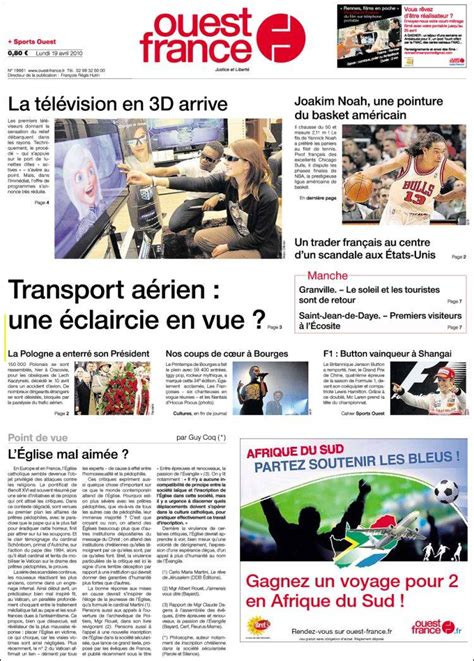 Journal Ouest France (France). Les Unes des journaux de France. Édition du lundi, 19 de avril de ...