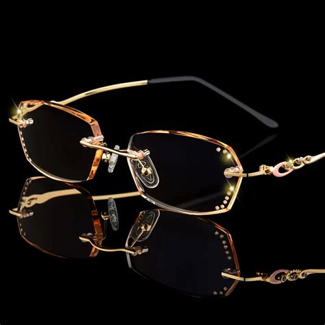 Retail Rhinestone Reading Glasses Women Diamond Cutting Rimless Glasses High Clear Women's Pink ...