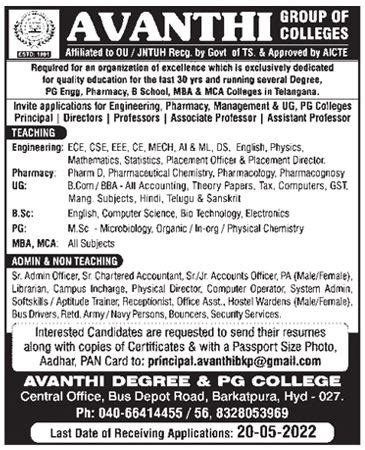 Avanthi Group of Colleges, Hyderabad, Wanted Teaching, Admin and Non ...