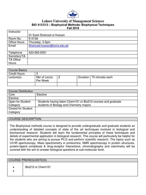 Lahore University of Management Sciences: BIO 413/513 - Biophysical ...