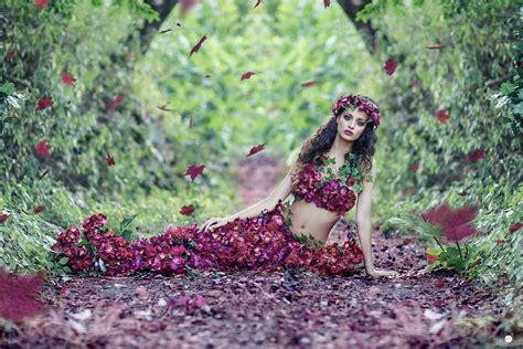 Woman, Beautiful, Flowers, Dress, Belly, Model, Leaves, Falling, Nature ...