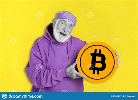 Creative Drawing Collage Picture Of Modern Retired Man Hold Big Bicoin Gold Coin Symbol Crypto ...