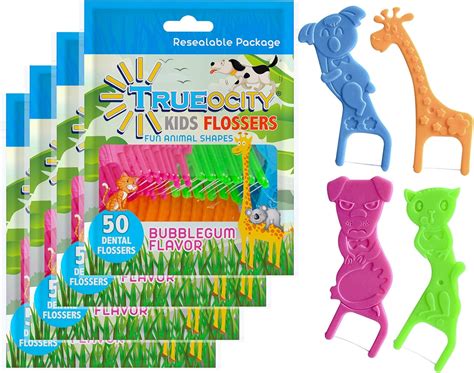 Amazon.com : Trueocity Kids Dental Flossers 4 Pack (200 Total), Cute Animal Shapes Makes ...