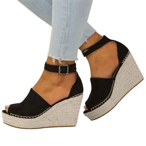 YOUYEDIAN wedges shoes for women sandals black Sewing Peep Toe Wedges plus size shoes women ...