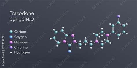 trazodone molecule 3d rendering, flat molecular structure with chemical ...