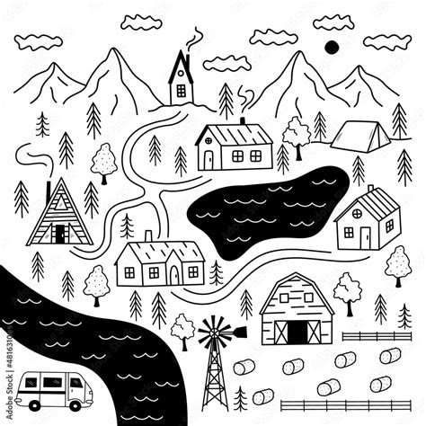 Doodle countryside village map with streets, roads, houses, river ...