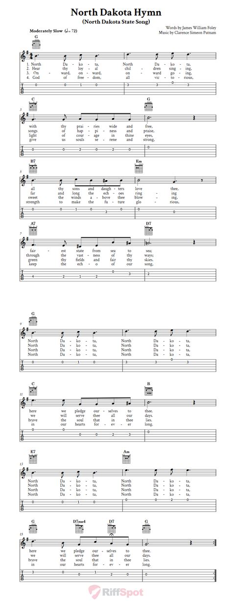 North Dakota Hymn - Easy Guitar Sheet Music and Tab with Chords and Lyrics