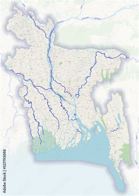 Bangladesh physical map with important rivers the capital and big ...